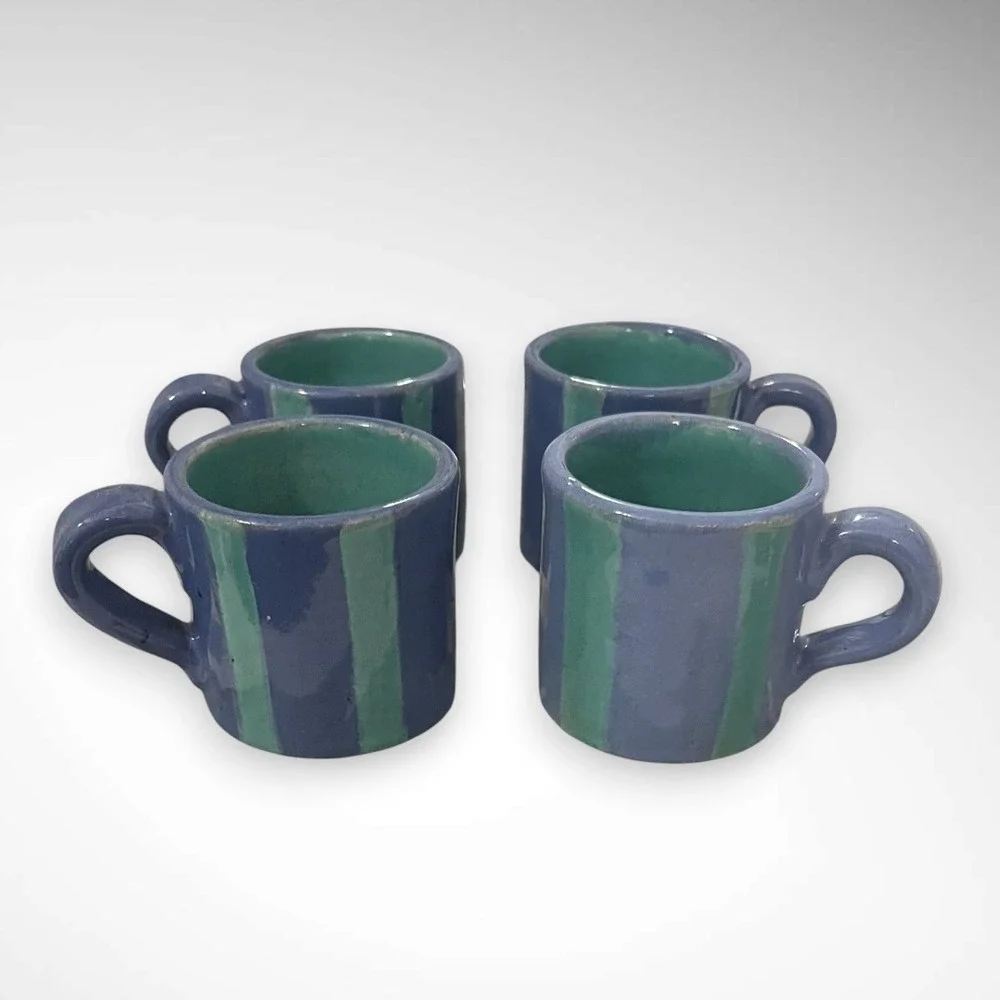 HANDMADE Set of 4 Ceramic Purple and Teal Striped 2